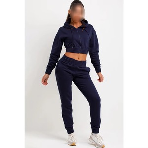 Ensemble de survêtement pour femme en coton, coupe ajustée, avec haut court et pantalon, style décontracté pour le jogging, vente en gros - Product Image 2