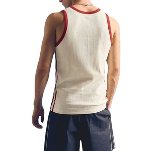 <b>Men's</b> Ribbed Sleeveless Tank Top Cream <b>Red</b> Trim O-Neck Casual Knitted Cotton <b>Vest</b> Solid Color Style - Product Image 3