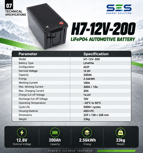 Batterie automobile LiFePO4 SES 12,8 V 200 Ah 4 cellules H7-12V-200 pour véhicules électriques avec 3000 cycles et température de fonctionnement de 0 à 60 °C - Product Image 2