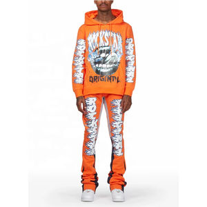 Conjunto Deportivo Personalizado para Hombre, Transpirable, de Invierno/Primavera, con Diseño de Parches, 100% Algodón, de Dos Piezas, con Sudadera con Capucha y Pantalones Deportivos Acampanados - Product Image 1