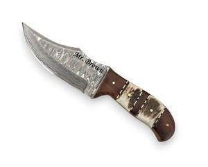 Cuchillo Skinner de Hoja Fija de Acero de Damasco con Mango de Palisandro y Asta de Ciervo, Funda de Cuero, Espiga Completa, para Caza y Camping, ODM/OEM - Product Image 2