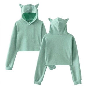 เสื้อฮู้ดครอปสีเทาสำหรับผู้หญิง แต่งหูน่ารัก ระบายอากาศได้ดี ซับในนุ่ม ผ้าฝ้าย ทรงสั้น สไตล์สตรีทแวร์ - Product Image 1