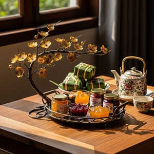 Bandeja de flores de hierro con flores amarillas y signo Tet para decoración del Año Nuevo Chino - Product Image 2