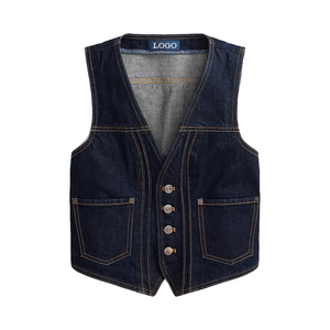 Custom Women's Dark Indigo Denim Waistcoat 100% Cotton <b>Slim</b> Fit V Neck Button Front Sleeveless Jeans <b>Vest</b> Adjustable Back Buckle - Product Image 1