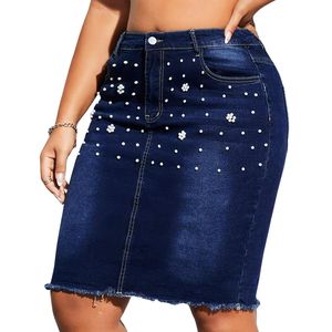 Women Plus Size <b>High</b> Waist Pearl Beaded Denim Skirt Dark Blue Floral Beading <b>Knee</b> Length Raw Hem Casual Stretch Jean Skirt Skirt - Product Image 2