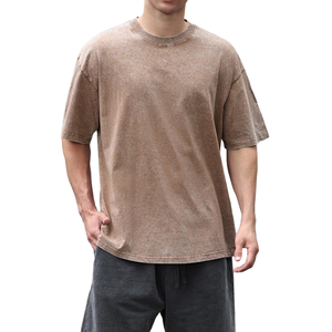 เสื้อยืดคอกลมโอเวอร์ไซส์ผู้ชาย ล้างสีแบบแอซิด สีพื้น ผ้าฝ้าย 100% สวมใส่สบายๆ ในฤดูร้อน เสื้อยืดผู้ชายแบบล้างสีแบบแอซิด - Product Image 2