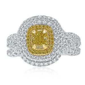 <b>Cushion</b> Cut Fancy Yellow Lab Grown Diamond Engagement <b>Wedding</b> <b>Ring</b> 14k White Gold Double Halo VVS+ IGI Certified Wholesale - Product Image 1
