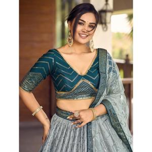 Impressionnant bleu sarcelle paillettes Chinon Sangeet porter Lehenga Choli avec Dupatta - Product Image 4