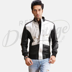 Veste de course en cuir véritable blanc et noir pour homme, design contrasté avec panneau en V, style moto, col montant, manteau haut de gamme - Product Image 5