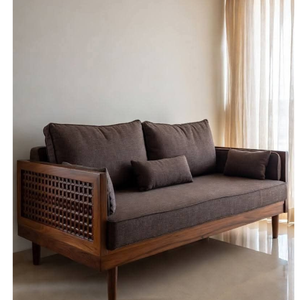 Canapé en teck avec panneaux latéraux tressés et assise rembourrée - Product Image 1