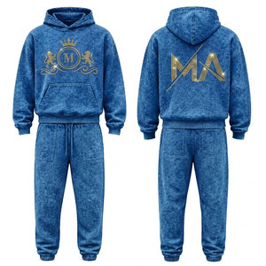Conjunto Deportivo para Hombre, Azul, Lavado Ácido, 100% Algodón, 480 gsm, Alta Calidad, con Pedrería, Pantalones Largos con Cordón Ajustable, Ropa Casual - Product Image 1