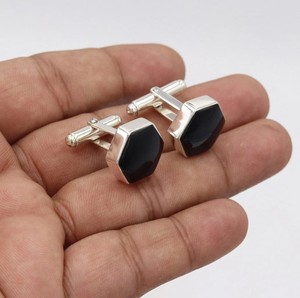 Ensemble de boutons de manchette et pince à cravate en onyx noir taillé en hexagone, argent sterling 925, accessoires de luxe pour hommes, garçons d'honneur, smoking, mariage, occasions formelles, cadeau - Product Image 4