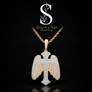 Colgante de Cruz con Alas de Ángel para Niños, Chapado en Oro sobre Plata 925, con Microincrustaciones de Moissanita, Estilo Hip-Hop, Europeo Americano, Personalizado - Product Image 1