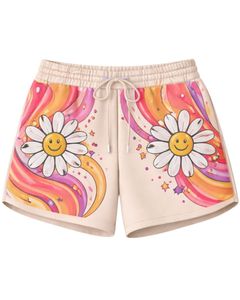 Conjunto de Sudadera Corta y Pantalones Cortos Multicolor para Mujer, Estampado Gráfico de Margaritas Sonrientes, Atuendo Casual de Dos Piezas, Algodón y Felpa, Fabricante Mayorista - Product Image 4