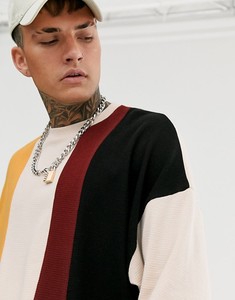 เสื้อยืดคอกลมโอเวอร์ไซส์ผู้ชาย แขนยาว แต่งขอบตัดสี สไตล์สตรีท ลายถักแบบคัลเลอร์บล็อก - Product Image 1