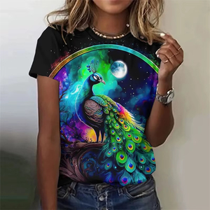 Camiseta de moda para mujer con estampado gráfico 3D de pavo real, camisetas de verano de manga corta, camisetas holgadas transpirables de poliéster con cuello redondo - Product Image 2