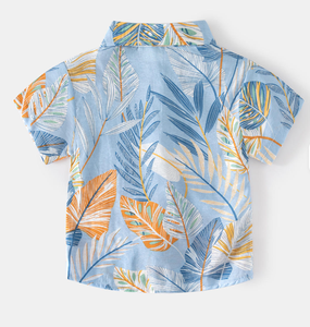 Chemise en coton imprimée à manches courtes pour garçons, col rabattu décontracté, motif peint à la main, bleu, jaune, vert, haut d'été - Product Image 4