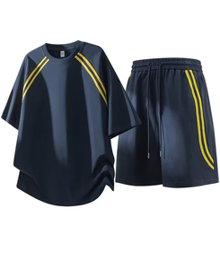 Men Navy Blue Sporty Breathable Polyester/Cotton T-Shirt Set Crew Neck Quick Dry Knitted Shorts Summer Casual Outfit - Product Image 1