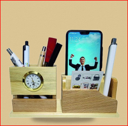 Organizador de escritorio de madera con reloj, soporte para teléfono y portalápices, regalo de oficina multifunción, estilo sencillo - Product Image 6