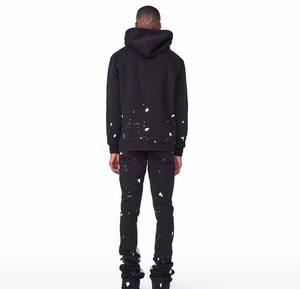 Unisex Black Cotton Tracksuit Hoodie And Joggers With White Drip Print Streetwear Style Full Length Drawstring Pants - Product Image 4