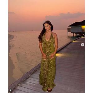 Handmade High Quality Casual Women Bohemian Floral Tie Dye Knitted V-neck Sleeveless Full Length Loose Fit Street Wear - Product Image 1