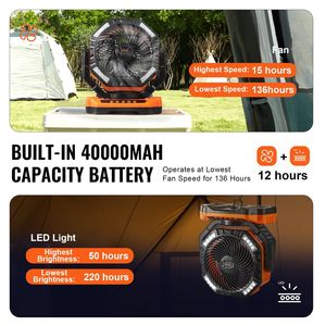 Ventilador de linterna LED alimentado por batería recargable de 13 pulgadas, portátil, 4 velocidades, 45/90 grados, temporizador USB giratorio automático para acampar en casa - Product Image 4