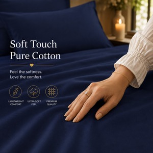 100% Pure Cotton Midnight Blue 300 Thread Count Solid Bedsheet Premium Soft <b>Comfortable</b> for Master Bedroom Available for Sale - Product Image 3