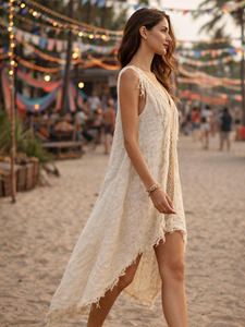 Elegant Boho Fringe High-Low Festival Beach Dress and Resort Caftan Premium Breathable Linen-Blend Fabric Sleeveless Tunic Dress - Product Image 2