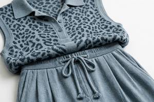 Conjunto de 2 Piezas de Punto para Mujer, Top Polo sin Mangas con Estampado de Leopardo y Pantalones Anchos - Product Image 6