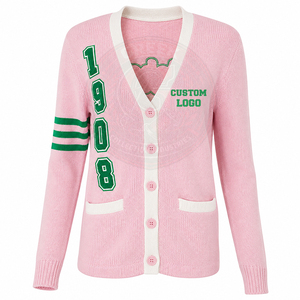 Cardigans roses personnalisés Alpha Sorority AKA en tricot acrylique pour femme, col en V, avec lettres chenille rayées style universitaire grec - Product Image 1