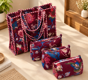 Sac fourre-tout en velours en gros avec ensemble de 3 pochettes matelassées, sac à main en velours imprimé floral et ensemble d'organisateurs de rangement pour cosmétiques - Product Image 5