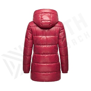 Chaqueta Acolchada con Capucha para Mujer, Invierno, Manga Larga, Cierre Completo, Resistente al Viento, Color Sólido Rojo, Relleno de Poliéster, Abrigo Grueso - Product Image 2