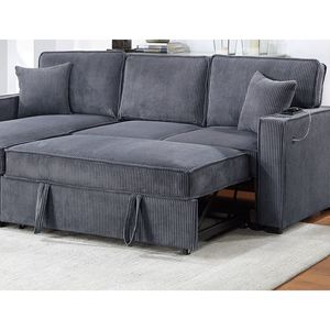 Divano Letto Sezionale Convertibile Grigio Scuro con Chaise Longue Reversibile in Corduroy, Contenitore e Letto Estraibile, 2 Cuscini, Arredamento Soggiorno - Product Image 6