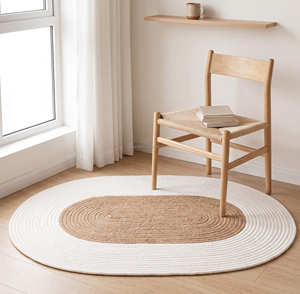 Designer Oval Cotton Rope Area Rug with Natural Centre Panel for Scandinavian Bedroom & Reading Nook - Product Image 1