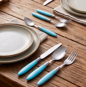 Modern Flatware Set With Turquoise <b>Plastic</b> Handles High <b>Mirror</b> Polish Dishwasher Safe Stainless Steel Cutlery For Dining Use - Product Image 3