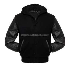 2025 Premium Men's Dark Black Fleece With Black <b>Leather</b> Sleeves Varsity <b>Jacket</b> With Hood Custom-Made Wholesale Varsity <b>Jackets</b> - Product Image 1