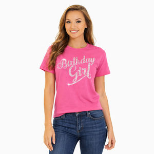 Custom Women Birthday Girl Work Latter Rhinestone Custom color T Shirt Short Sleeve O Neck Party Fashion Tee - Product Image 1