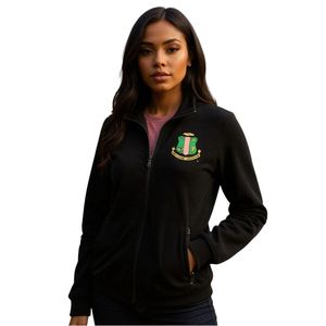 Chaqueta de microforro polar negra para mujer con cremallera completa, parche de escudo verde y dorado, manga larga, cálida, informal, para exteriores, suave y cómoda. - Product Image 1