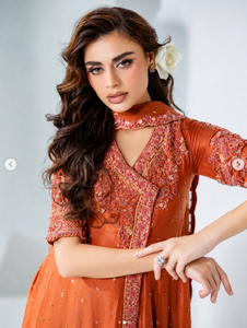 Women's <b>Orange</b> Cotton <b>Saree</b> Embroidered Sleeves Floor-Length Traditional Wedding Wear India Pakistan Style SADIA AUN HUTE - Product Image 3