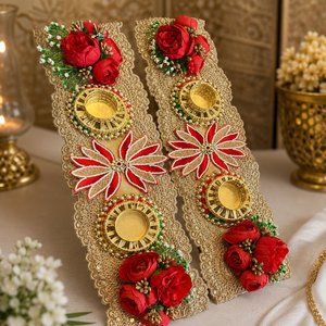 Red Floral Diya Decoration Pair Handmade Gold Patti Pearl Wedding <b>Mandir</b> Pooja Festival Home Decor Gift Item - Product Image 3