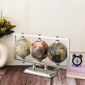 Ensemble de globes terrestres rotatifs de luxe en aluminium, triple globe, cadre rectangulaire argenté, cartes multiples, sculpture de bureau moderne, accent de table - Product Image 2