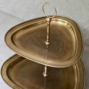 Two Tiered Steel Serving Tray <b>Set</b> Triangle Shape Engraved Floral Design Traditional Decorative Stand Handle - Product Image 3