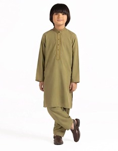 Boys Traditional Cotton Kurta Set Olive Green Regular Fit Ankle Length Casual Wear India Pakistan Style All Seasons - Product Image 1