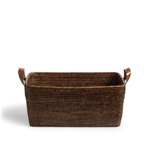Set of narrow, <b>rectangular</b> honey-toned rattan organizer <b>basket</b> with integrated side cut-out handles,available, at wholesale. - Product Image 4