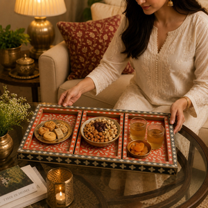 Wedding Mother of Pearl Handicraft Serving Tray Set | Handmade Wood Craft Ramadan Eid Decorative Kitchenware Tray for Home <b>Gift</b> - Product Image 4