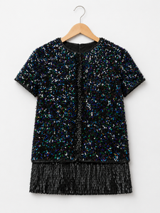 Black <b>Sequin</b> Fringe Women <b>T</b> <b>Shirt</b> Short Sleeve Round Neck Loose Fit Party Tee Summer Stage Wear - Product Image 1