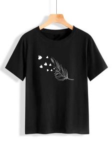 Trendy Women's <b>Black</b> Crew Neck Short Sleeve T-Shirt <b>Feather</b> Heart Print Casual Spring Summer 100% Cotton Breathable Regular Fit - Product Image 1