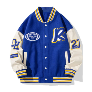 2026 Good Supplier Make Your Own Letterman With <b>Stand</b> Collar & Snap Closure Blue & Color Block College Baseball Jackets - Product Image 1