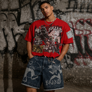 ชุดเสื้อยืดกราฟิกสตรีทแวร์ผู้ชายแบบกำหนดเองและกางเกงยีนส์ขาสั้น ชุดเซ็ตสองชิ้นลายพิมพ์สไตล์เมือง ดีไซน์ขาดๆ แบบโอเวอร์ไซส์ สำหรับฤดูร้อน - Product Image 4