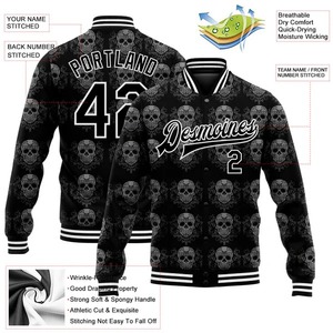 Custom Black <b>White</b> Skull Print 3D Varsity Letterman <b>Jacket</b> Wholesale Full Snap Bomber Unisex Fashion Streetwear Team Coat - Product Image 2